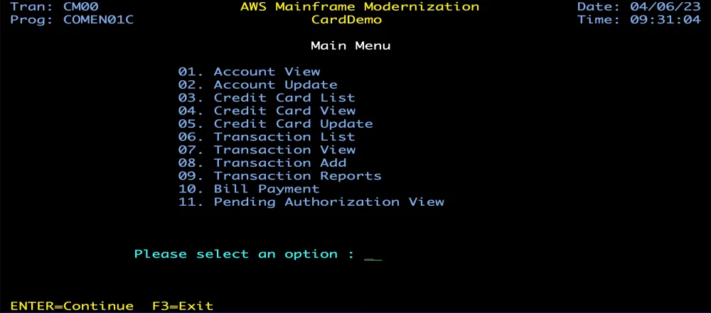 AWS's screenshot of the CardDemo Main Menu, transaction CM00, program COMEN01C, dated 04/06/23: options 01 Account View through 11 Pending Authorization View