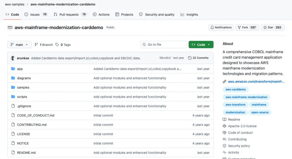 GitHub page of aws-samples/aws-mainframe-modernization-carddemo: folders app, diagrams, samples and scripts; latest commit 59cc6c2 'Added Carddemo data export/import jcl, cobol, copybook and EBCDIC data'; Apache-2.0 licence; described as a comprehensive COBOL mainframe credit card management application designed to showcase AWS mainframe modernization technologies and migration patterns