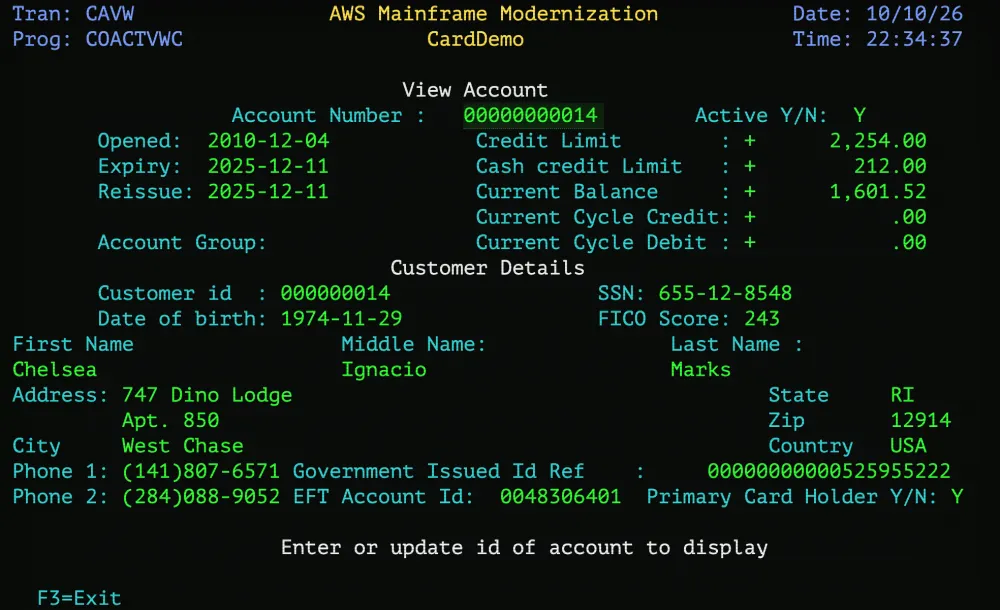CardDemo View Account screen on SteelFrame for account 00000000014: credit limit 2,254.00, current balance 1,601.52, expiry 2025-12-11, and the synthetic customer details