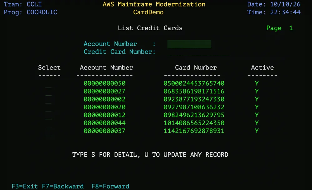 CardDemo List Credit Cards screen on SteelFrame, page 1: seven cards with account numbers and Active flags, select column, F7/F8 paging