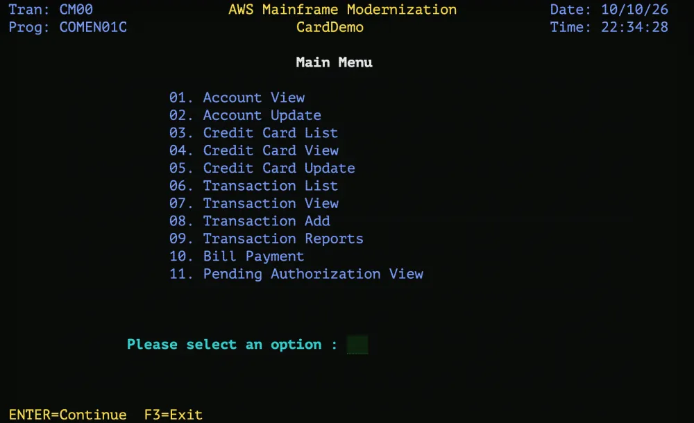 CardDemo Main Menu on SteelFrame, transaction CM00, program COMEN01C, dated 10/10/26: options 01 Account View through 11 Pending Authorization View