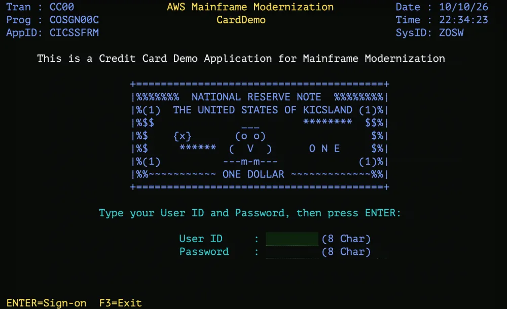 CardDemo sign-on screen on SteelFrame: transaction CC00, program COSGN00C, AppID CICSSFRM, the ASCII-art 'National Reserve Note' banknote, and User ID and Password fields