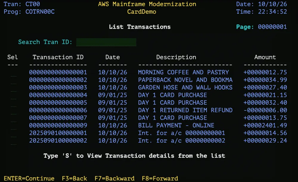 CardDemo List Transactions screen on SteelFrame: transactions 1 to 3 from an earlier demo, day-1 card purchases and a refund dated 09/01/25, an online bill payment of 2,401.49, and interest transactions for accounts 1 and 2