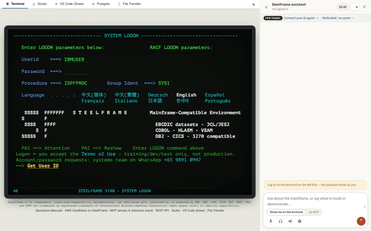SteelFrame in a desktop browser: tabs for Terminal, Studio, VS Code (Zowe), Postgres and File Transfer above a green-screen 3270 SYSTEM LOGON panel with a Get User ID link, and the SteelFrame assistant panel on the right with a prompt box and the options 'Show me on the terminal' and 'via MCP'