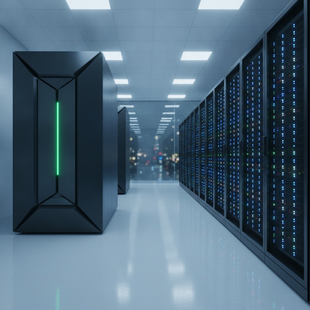 Modern data center aisle with a mainframe-class cabinet on one side and cloud-style server racks on the other