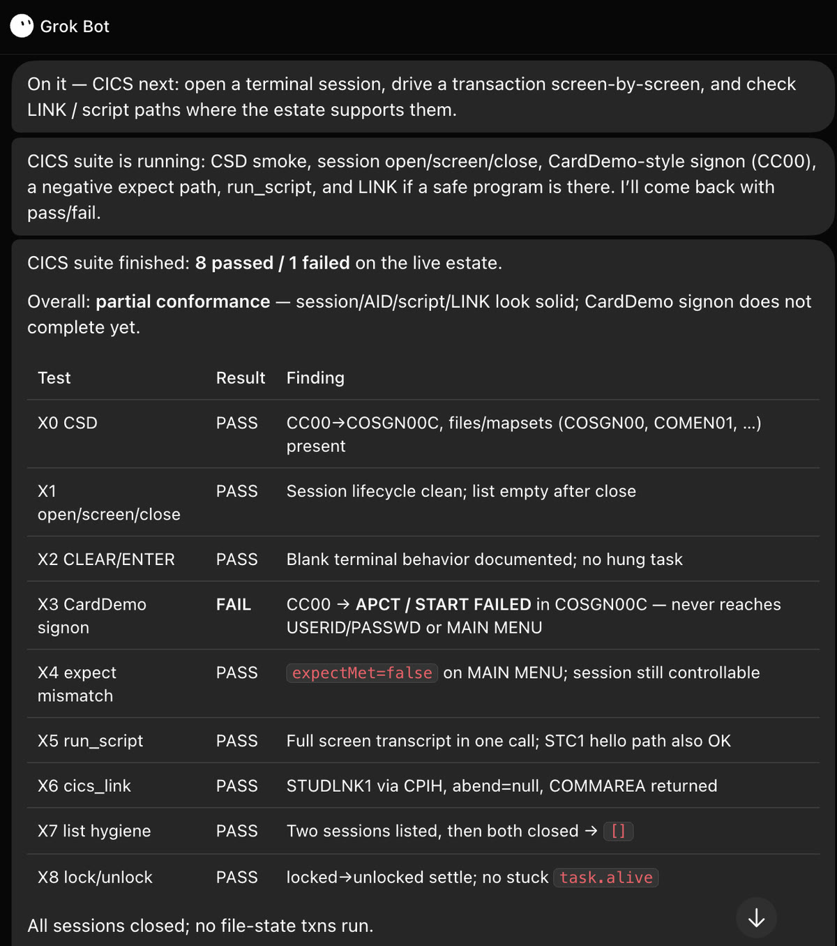 Grok Bot chat: CICS suite finished, 8 passed / 1 failed, overall partial conformance. X0 CSD PASS; X1 open/screen/close PASS; X2 CLEAR/ENTER PASS; X3 CardDemo signon FAIL (CC00 to APCT / START FAILED in COSGN00C, never reaches USERID/PASSWD or MAIN MENU); X4 expect mismatch PASS; X5 run_script PASS; X6 cics_link PASS (STUDLNK1 via CPIH, COMMAREA returned); X7 list hygiene PASS; X8 lock/unlock PASS.