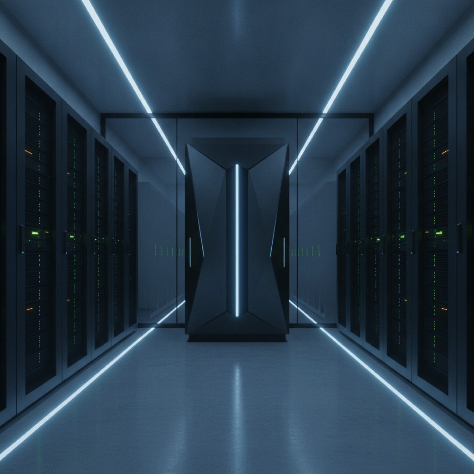 Modern enterprise data center aisle centered on a mainframe-class system
