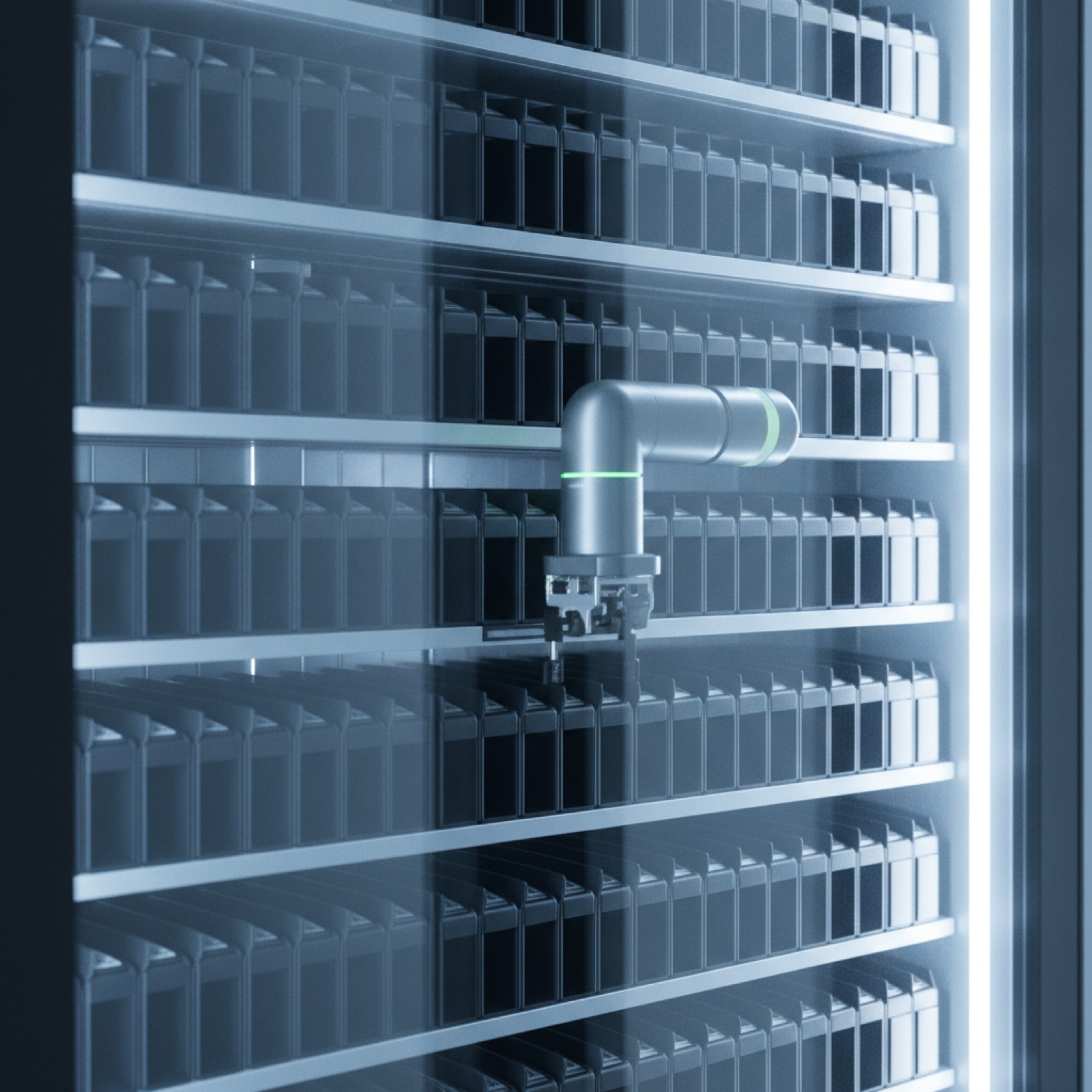 Robotic tape library seen through glass