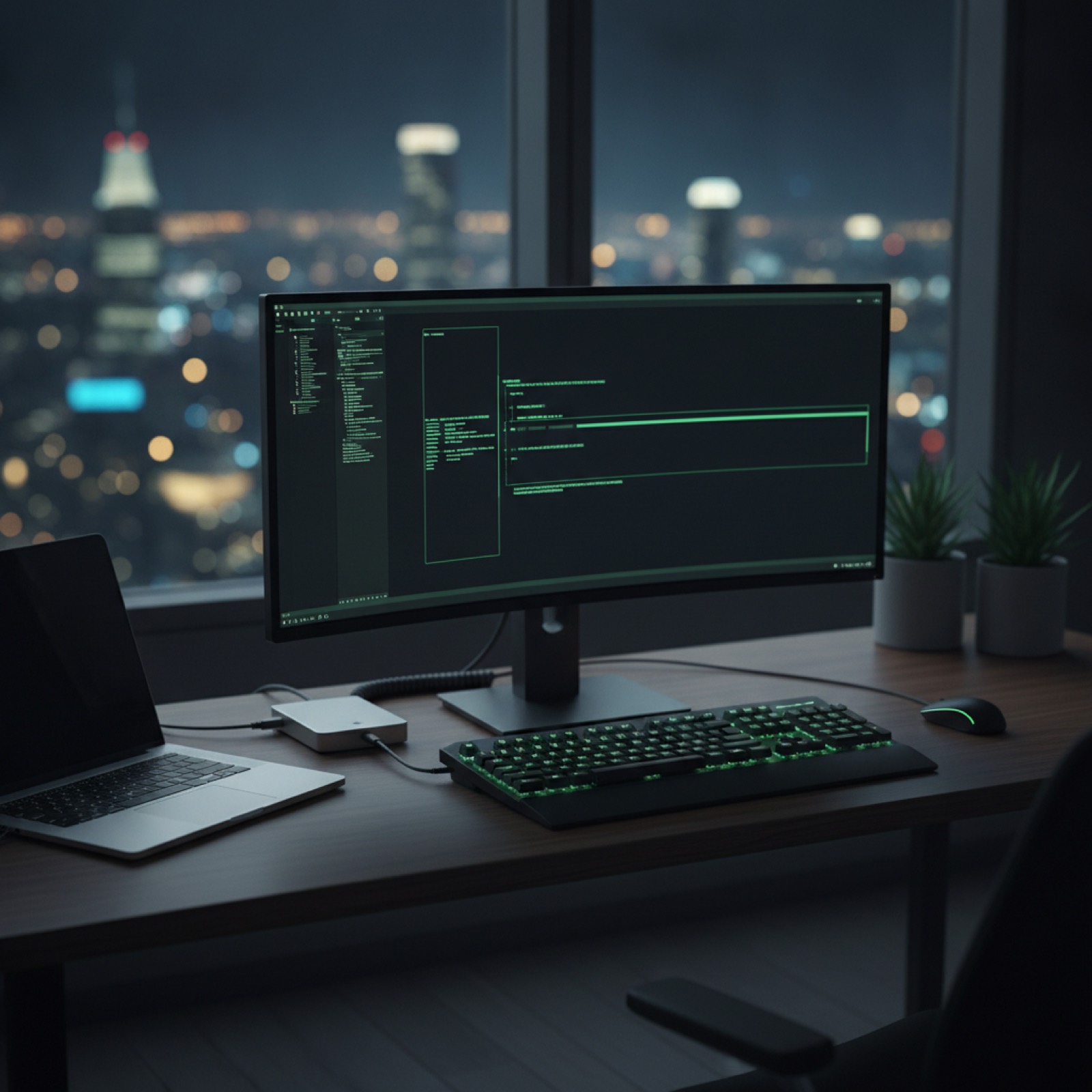 Developer workstation with a green-on-black terminal session